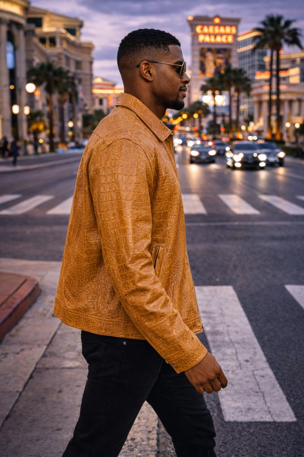 Sand Crocodile-Embossed Leather Jacket – Bold Texture, Refined Style