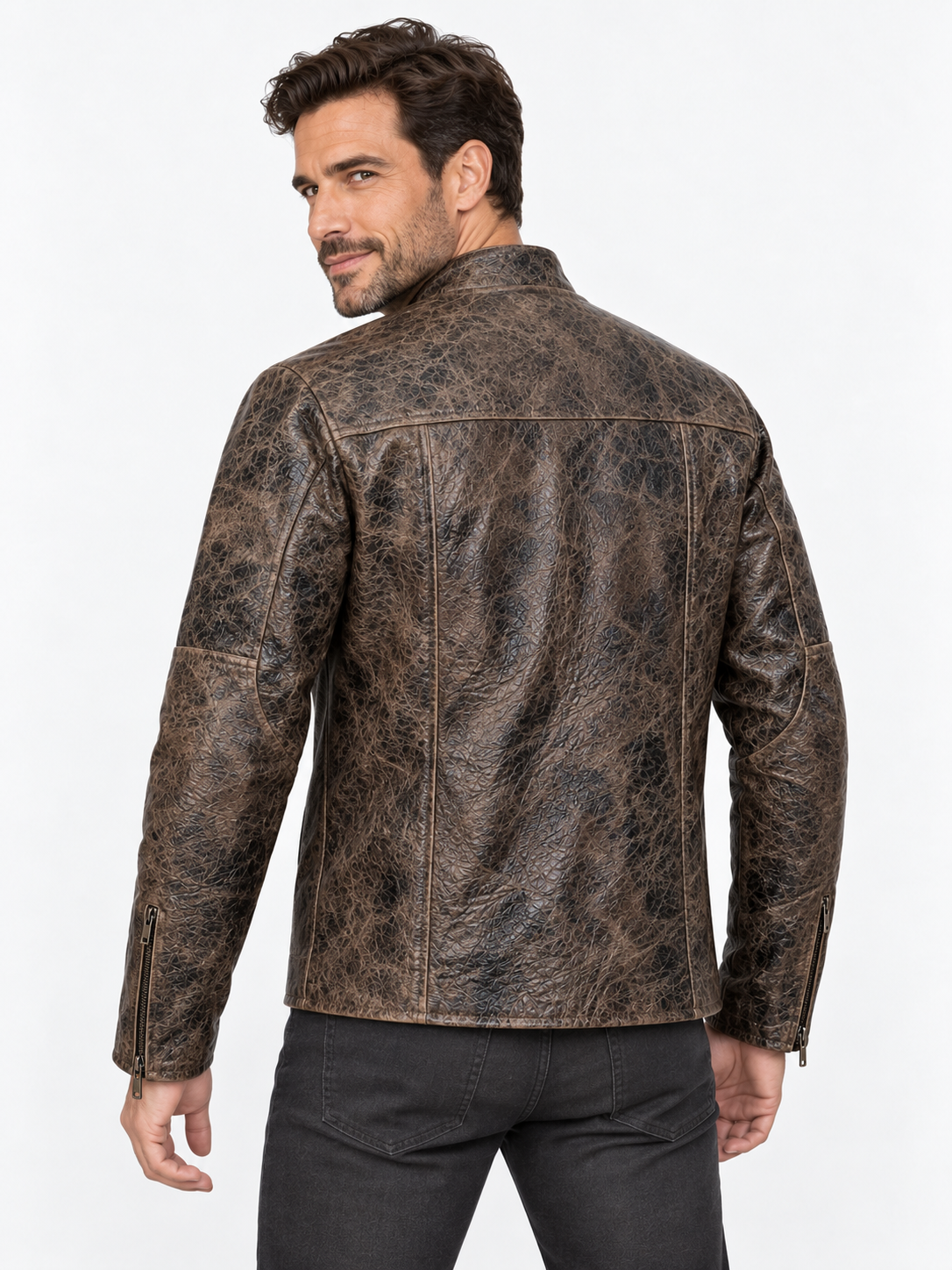 Men's Rustic Charcoal-Brown Leather Moto Jacket – Animal Embossed Finish