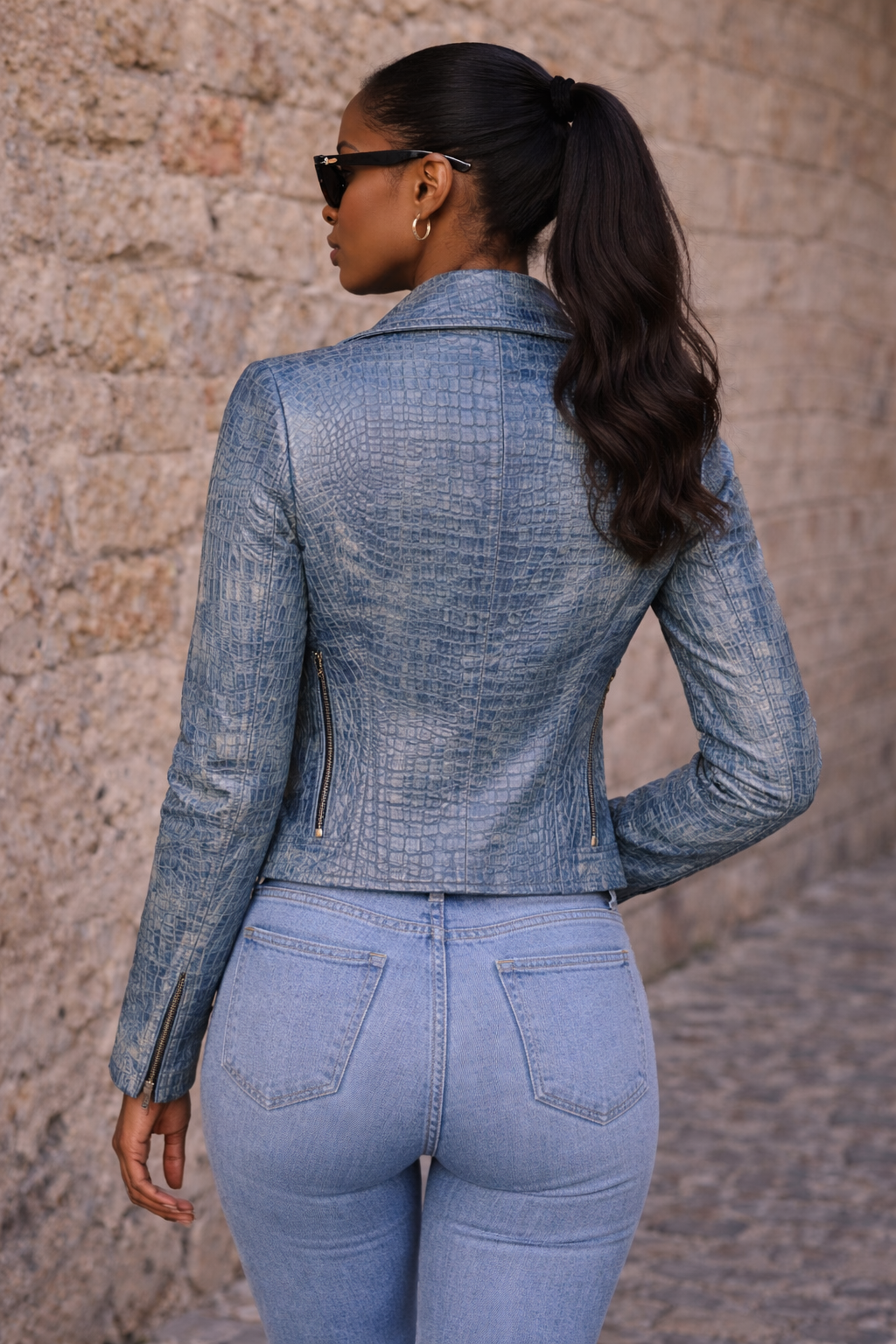 Women's Distressed Blue Biker Jacket – Pearl-Wash Crocodile Embossed Leather