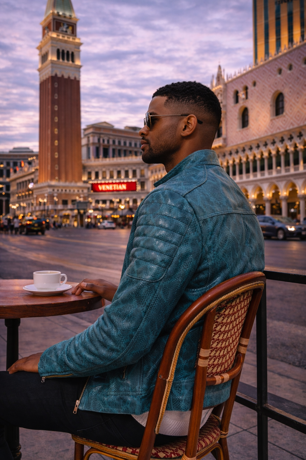 Teal Snake-Textured Leather Moto Jacket for Men detail — Denver CO
