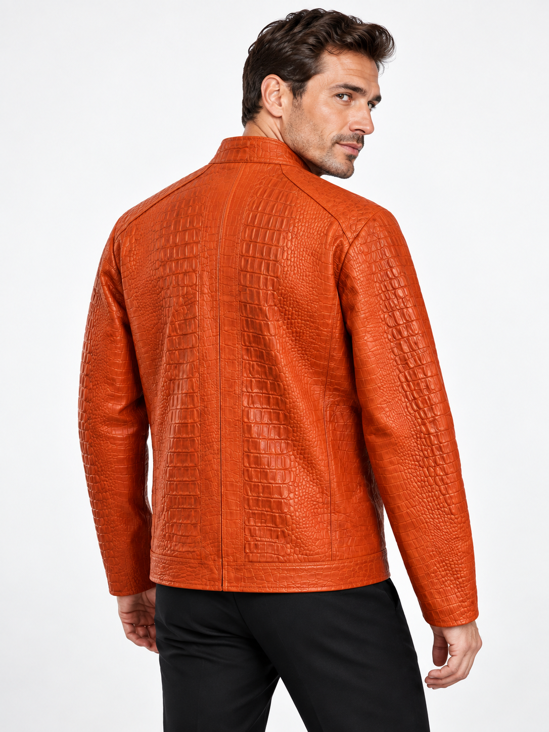 Men's Crocodile-Embossed Zip-Up Jacket in Sunset Orange