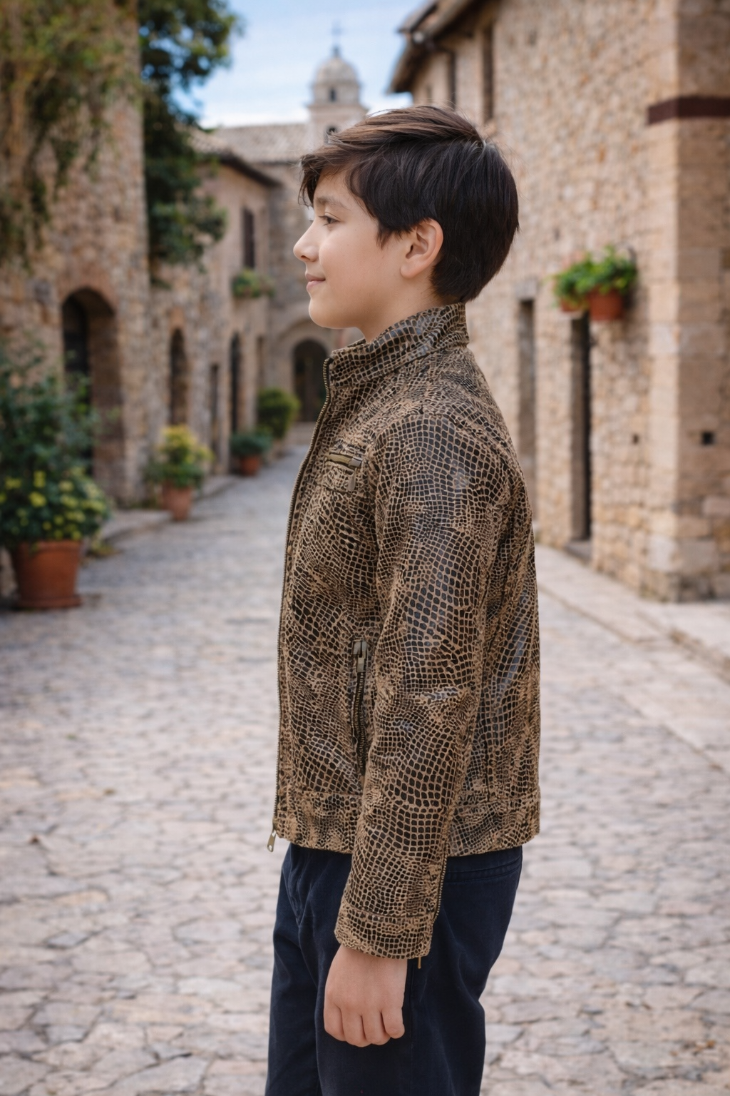 Boys Reptile-Pattern Leather Racer Jacket