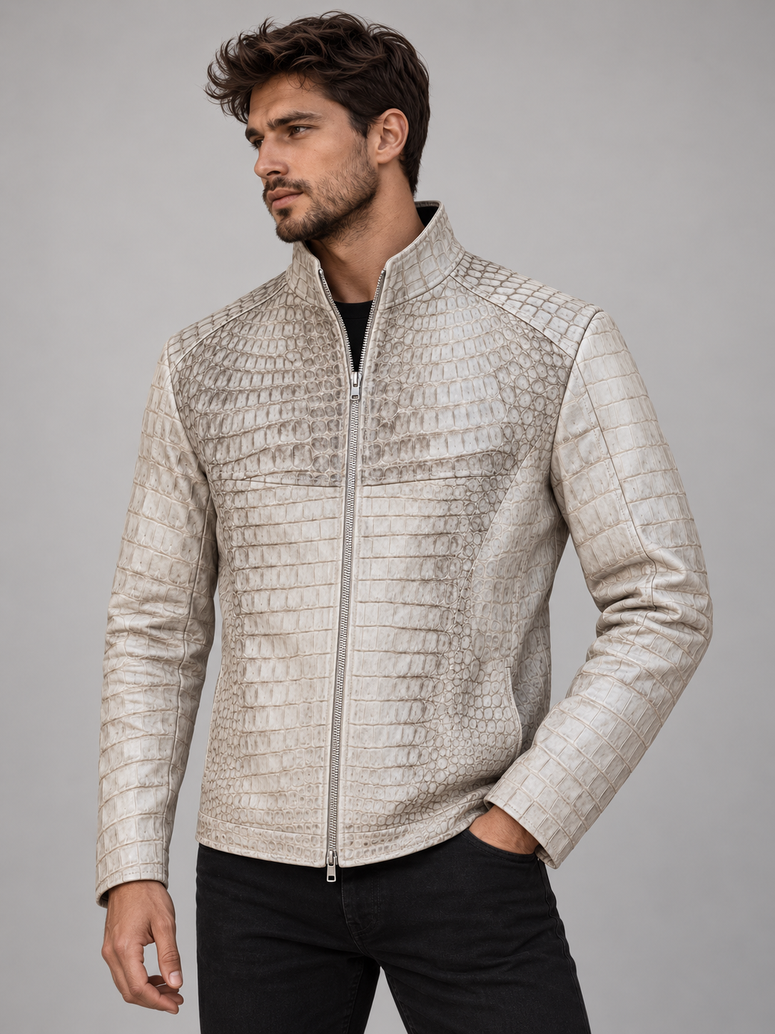 White Genuine Crocodile Leather Jacket – Men’s High-End Exotic Skin