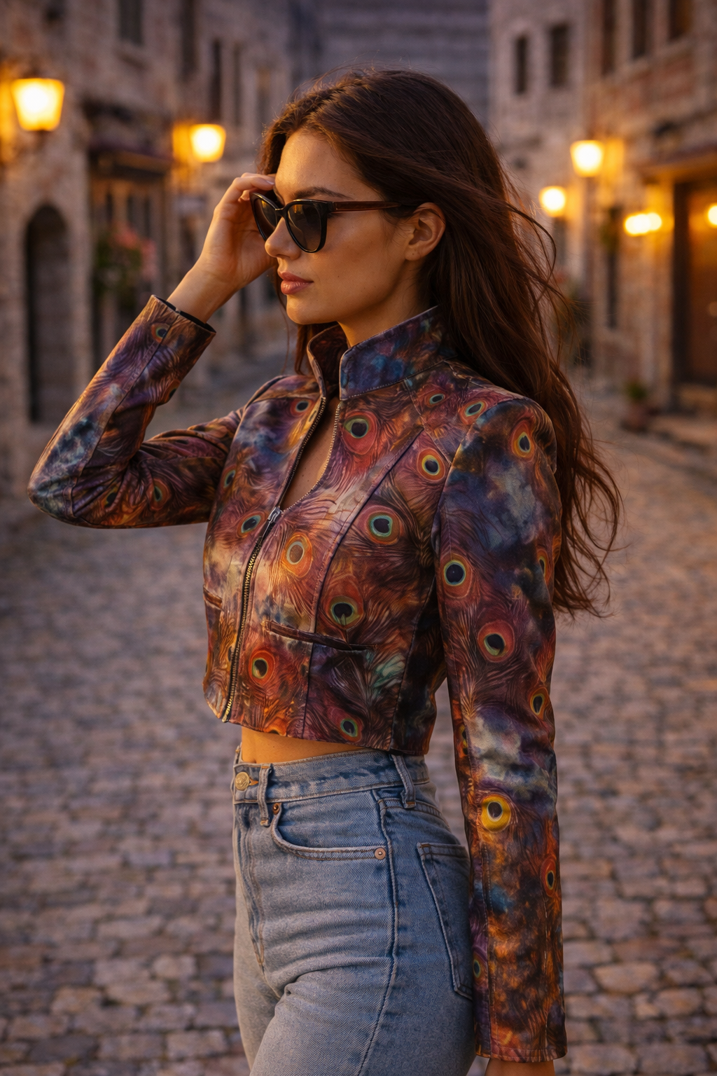 Women's Vivid Peacock Feather Leather Blazer – Cropped Exotic Statement Jacket