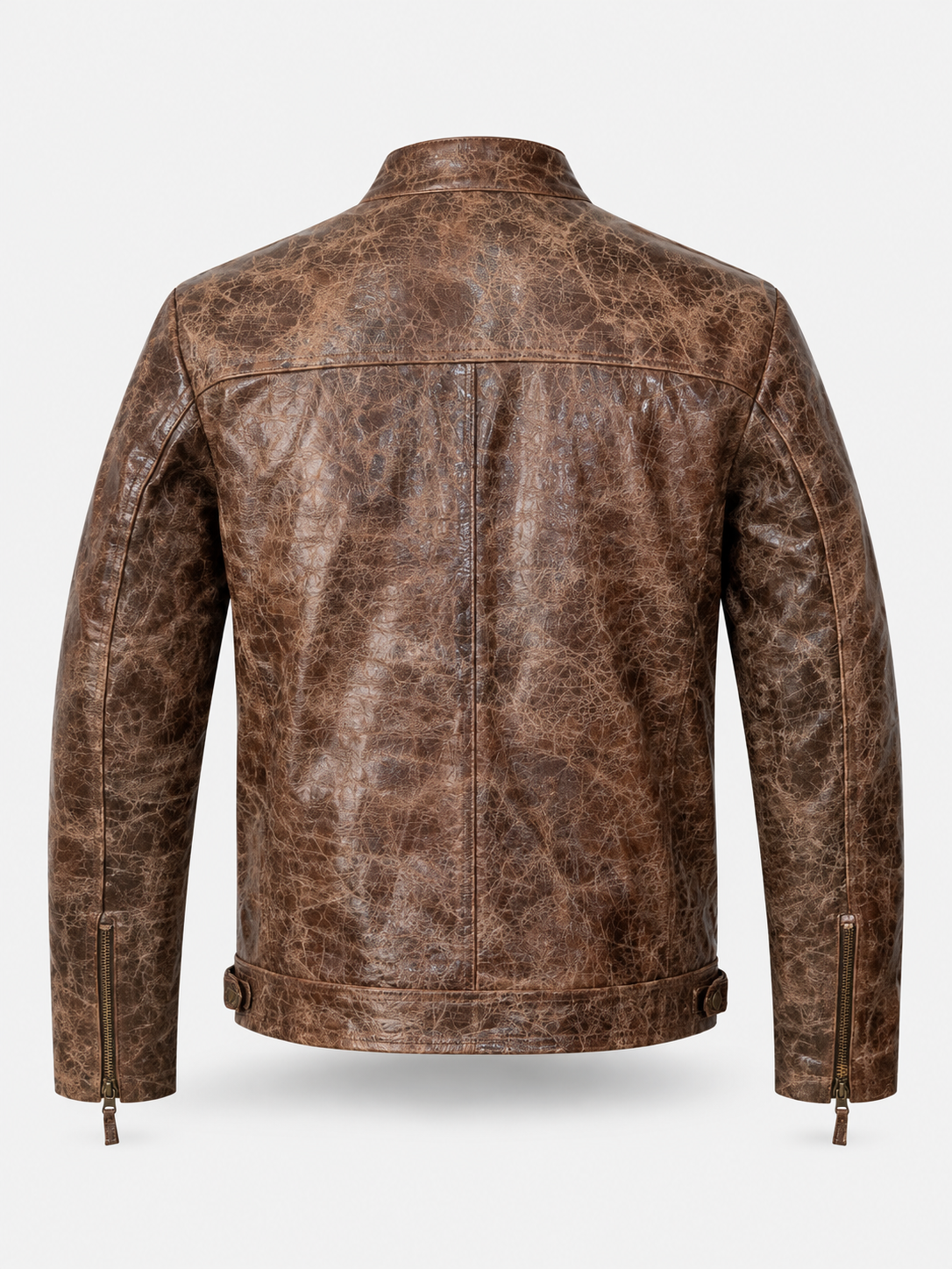 Men's Burnished Effect Leather Rider Jacket – Distressed Gloss Brown Finish