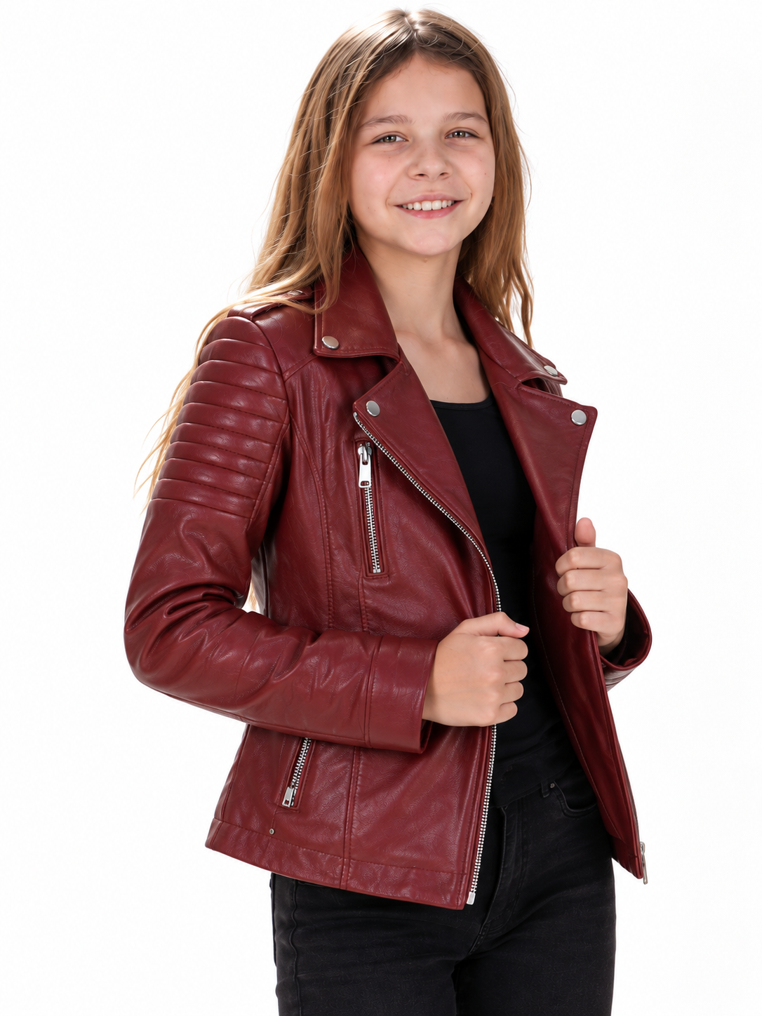 Burgundy Rebel — Girls’ Genuine Leather Moto Jacket
