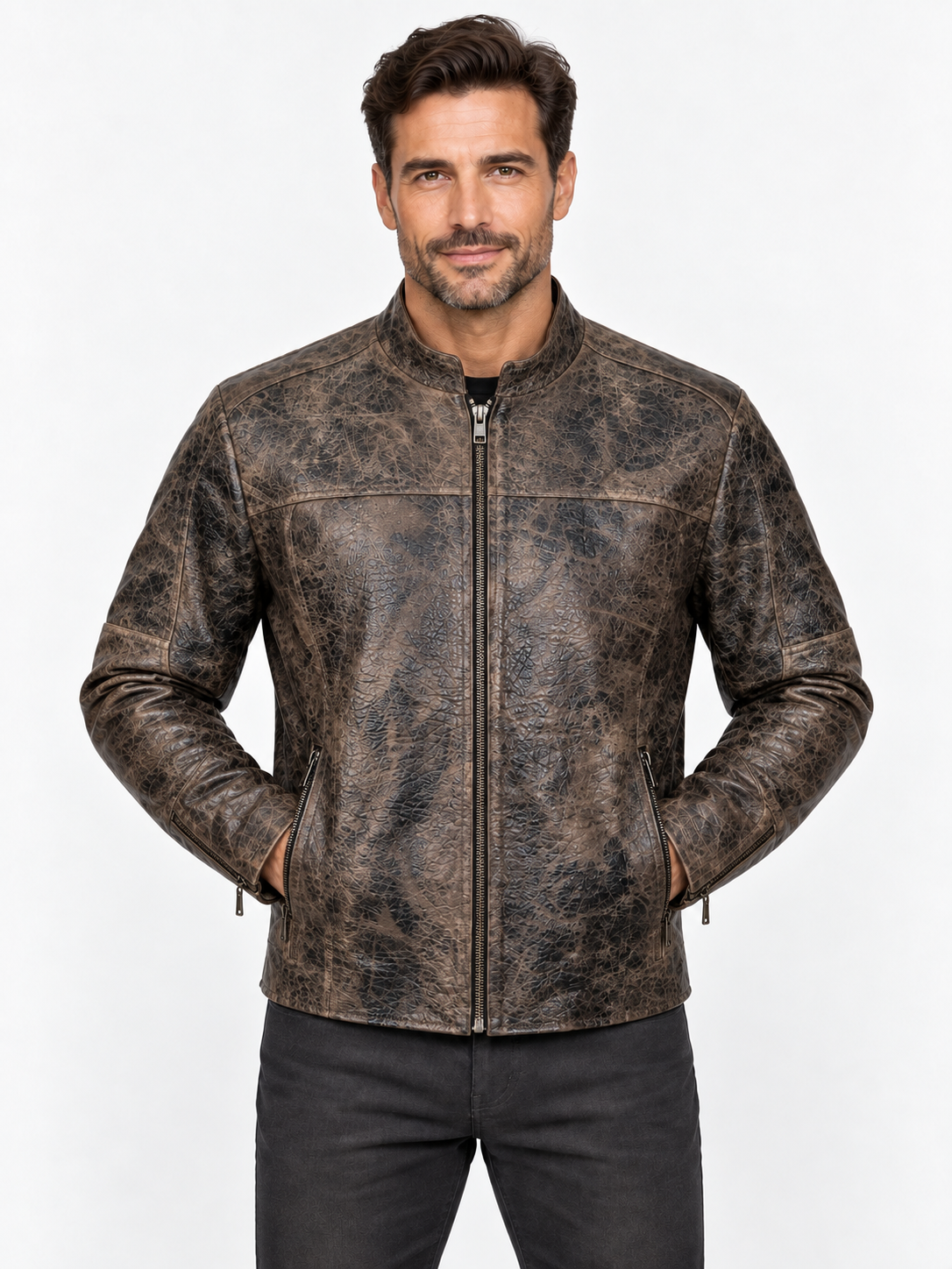 Men's Rustic Charcoal-Brown Leather Moto Jacket – Animal Embossed Finish
