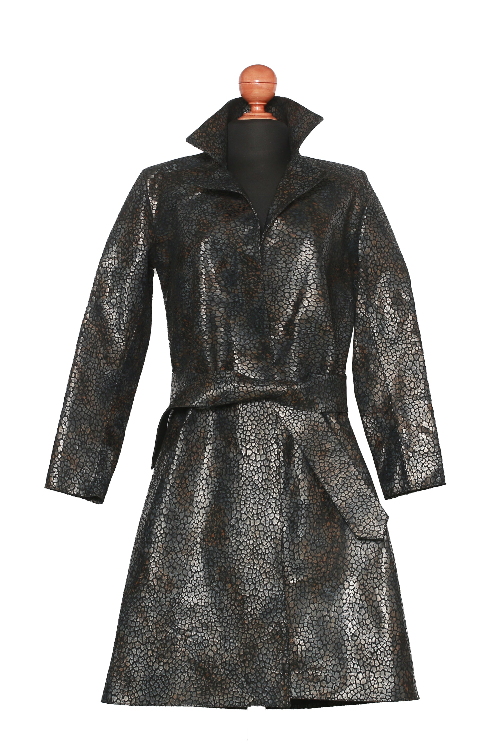 Black Jungle Texture Overcoat – Dark Animal Print Leather Statement Coat