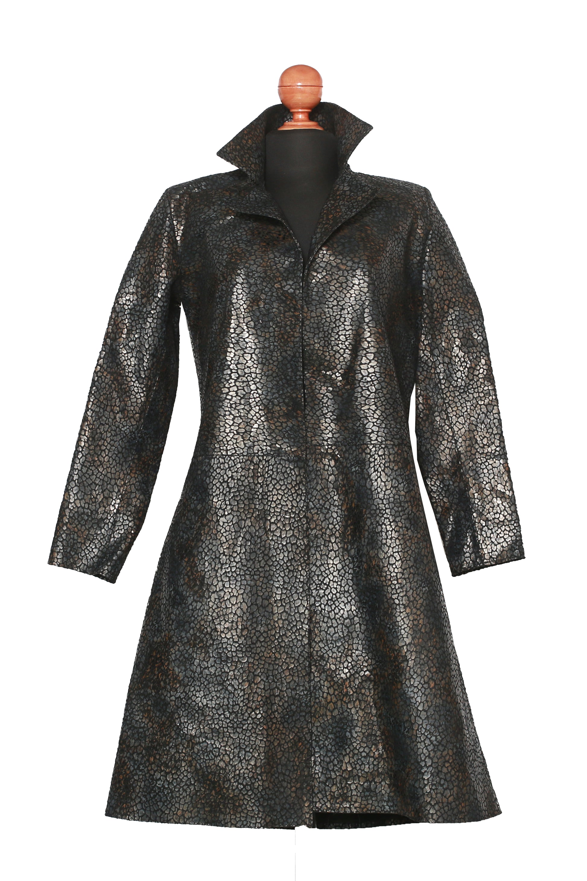 Black Jungle Texture Overcoat – Dark Animal Print Leather Statement Coat texas