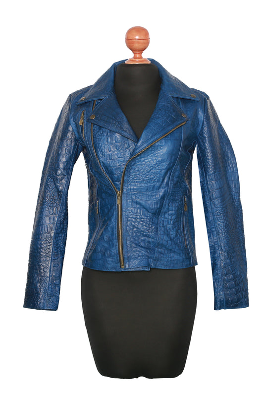 Blue Croc-Embossed Leather Jacket 