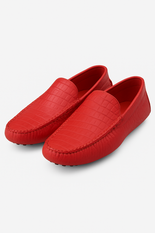 Bold Red Crocodile-Embossed Leather Moccasins