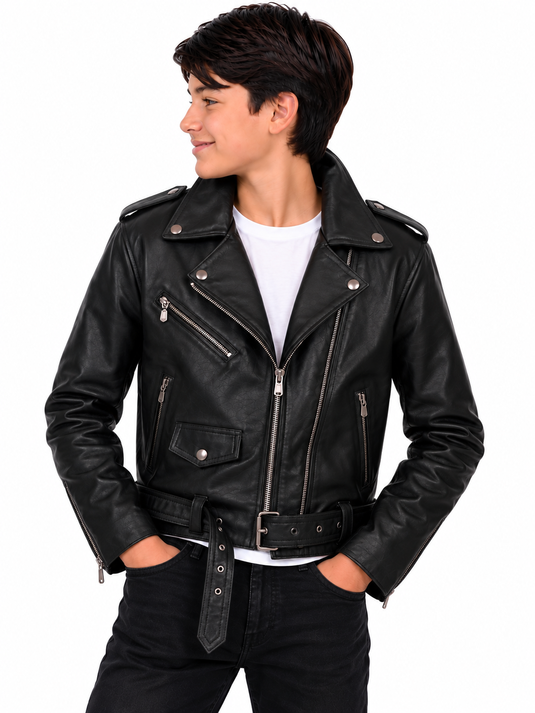 Boys’ Classic Black Genuine Leather Moto Biker Jacket houston