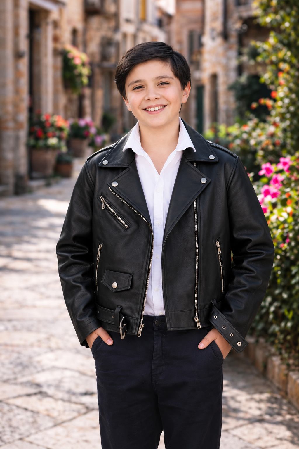 Boys’ Classic Black Genuine Leather Moto Biker Jacket oklahoma