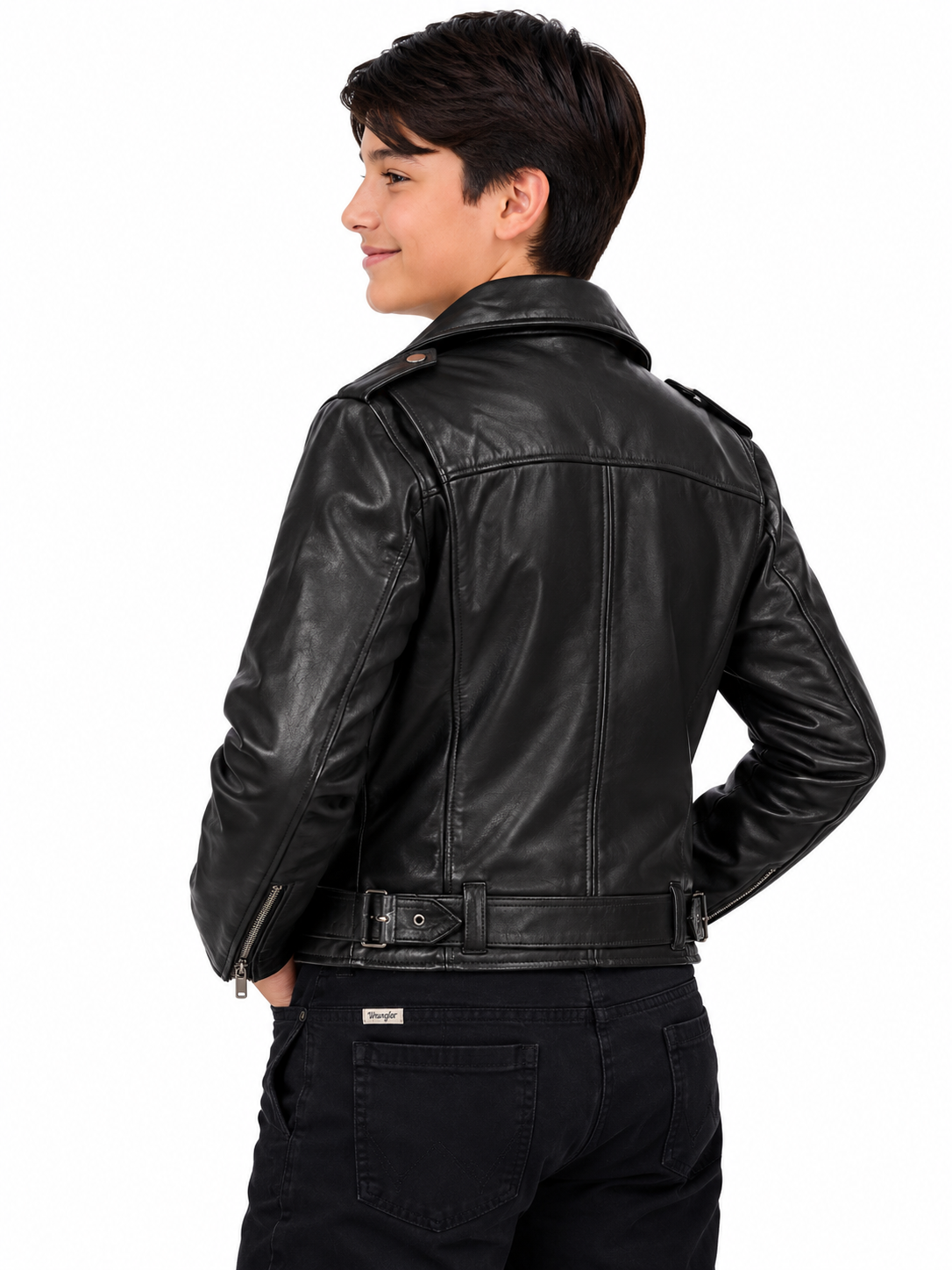 Boys’ Classic Black Genuine Leather Moto Biker Jacket texas
