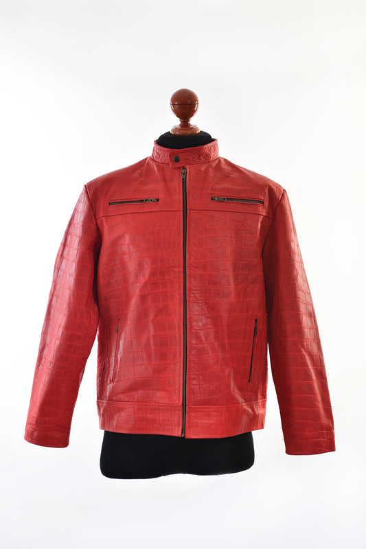 Red Crocodile-Embossed Leather Biker Jacket