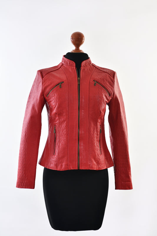 Women’s Croc-Print Leather Jacket in Fiery Red