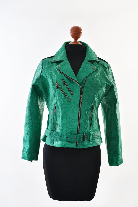 Emerald Luxe Croc-Embossed Leather Biker