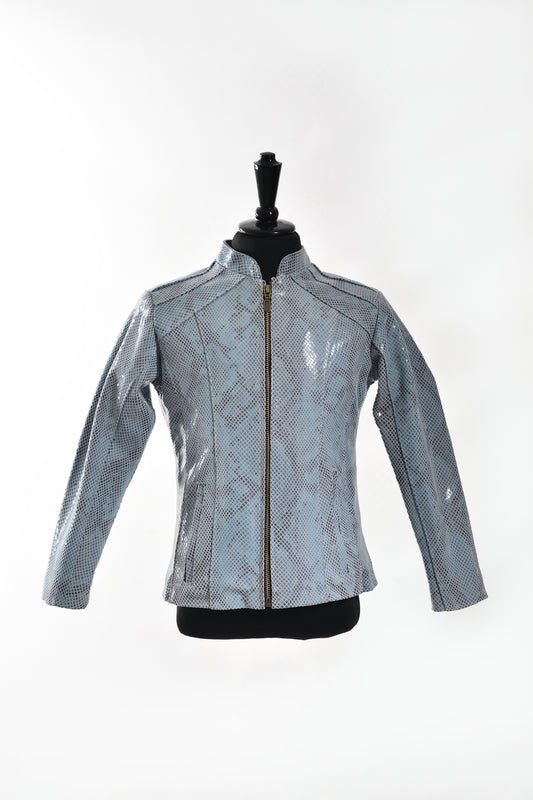 Light Blue Snake-Texture Zip-Up Jacket – Girls