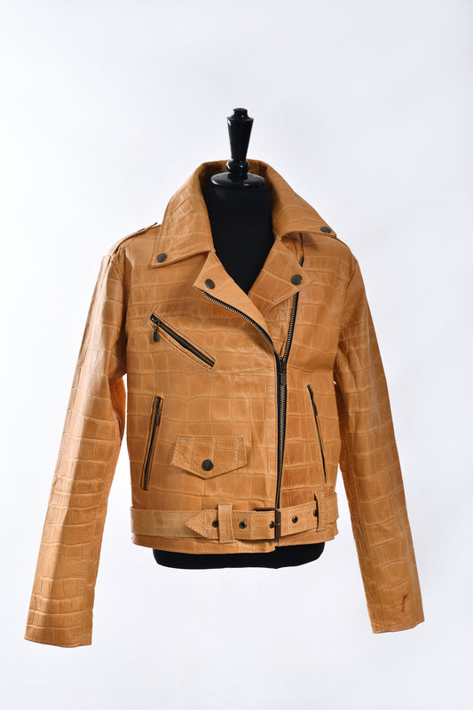 Kids Yellow Crocodile-Embossed Leather Biker Jacket