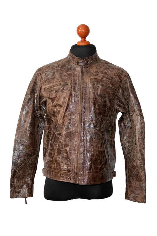 Burnished Effect Leather Rider Jacket – Distressed Gloss Brown Finish