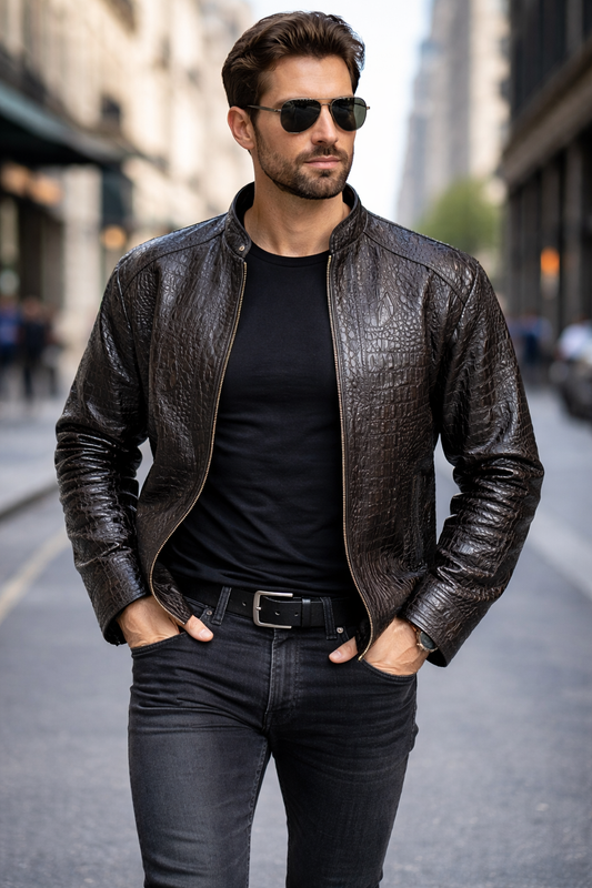 Men's Crocodile Embossed Leather Jacket Handcrafted Brown Rider front view — Charlotte NC