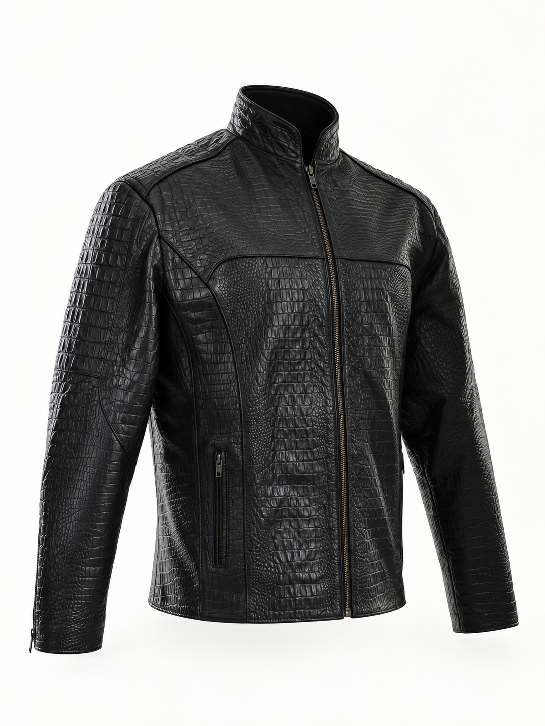 Men's Midnight Croc Leather Jacket – Sleek Black with High-Gloss Exotic