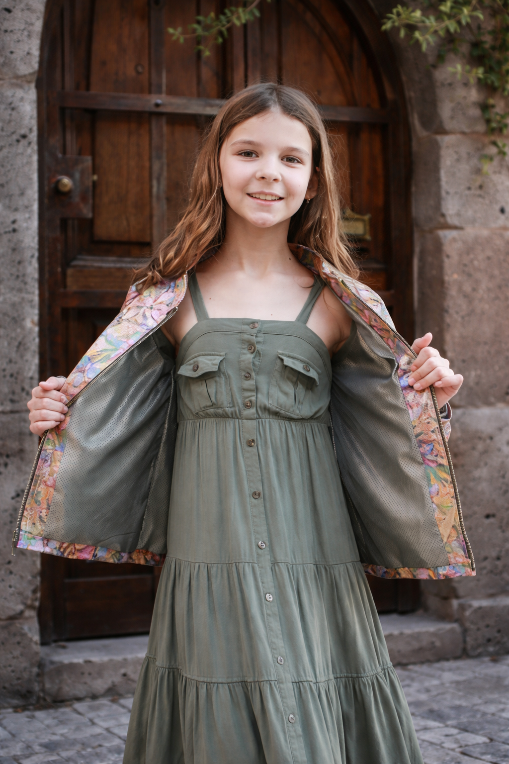 Girls Artistic Floral Pattern Leather Jacket – Glossy