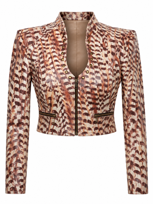 Women's Barcelona Feather Print Jacket – Cropped Leather with Earth-Tone