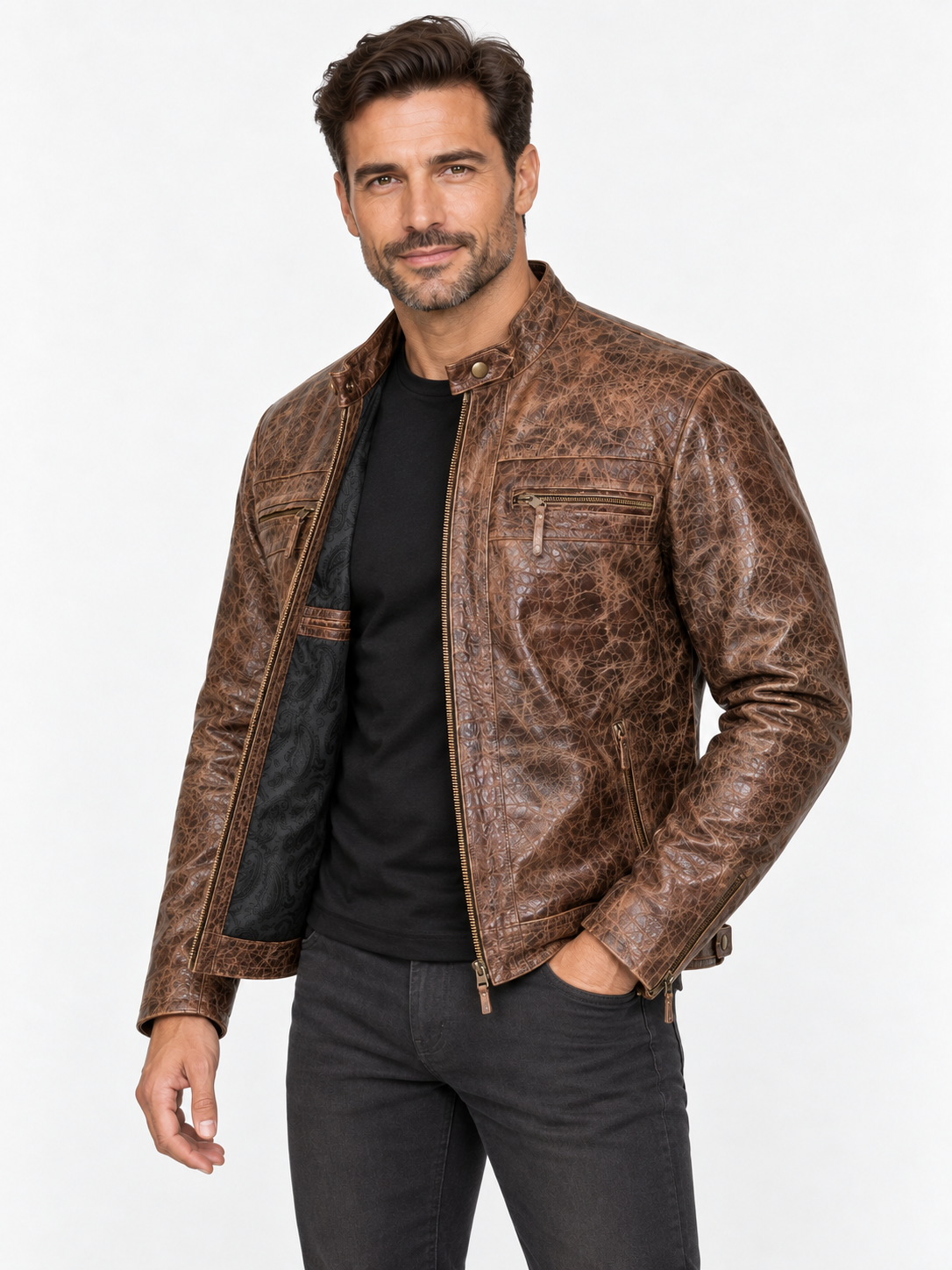 Men's Burnished Effect Leather Rider Jacket – Distressed Gloss Brown Finish