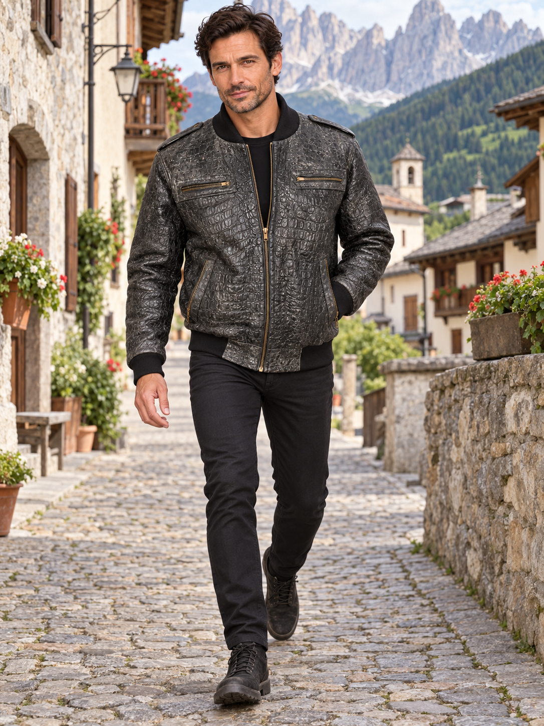 Men's Crocodile Embossed Leather Jacket – Distressed, Vintage Bomber Style