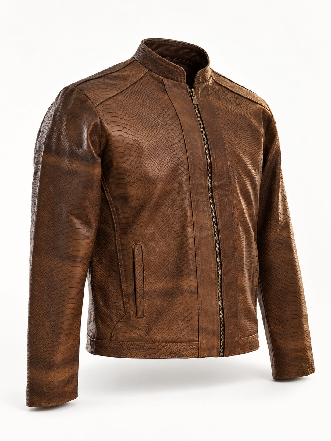 Men's Classic Brown Python-Textured Leather Jacket – Exotic Embossing