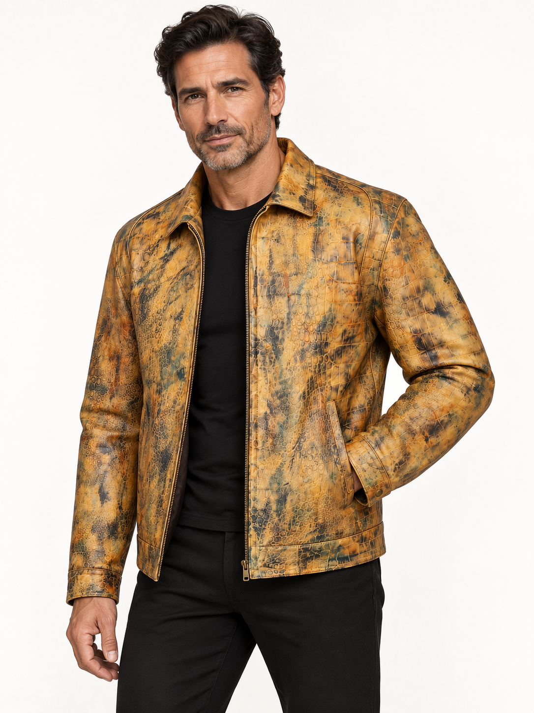 Men's Golden Reptile Leather Bomber Jacket