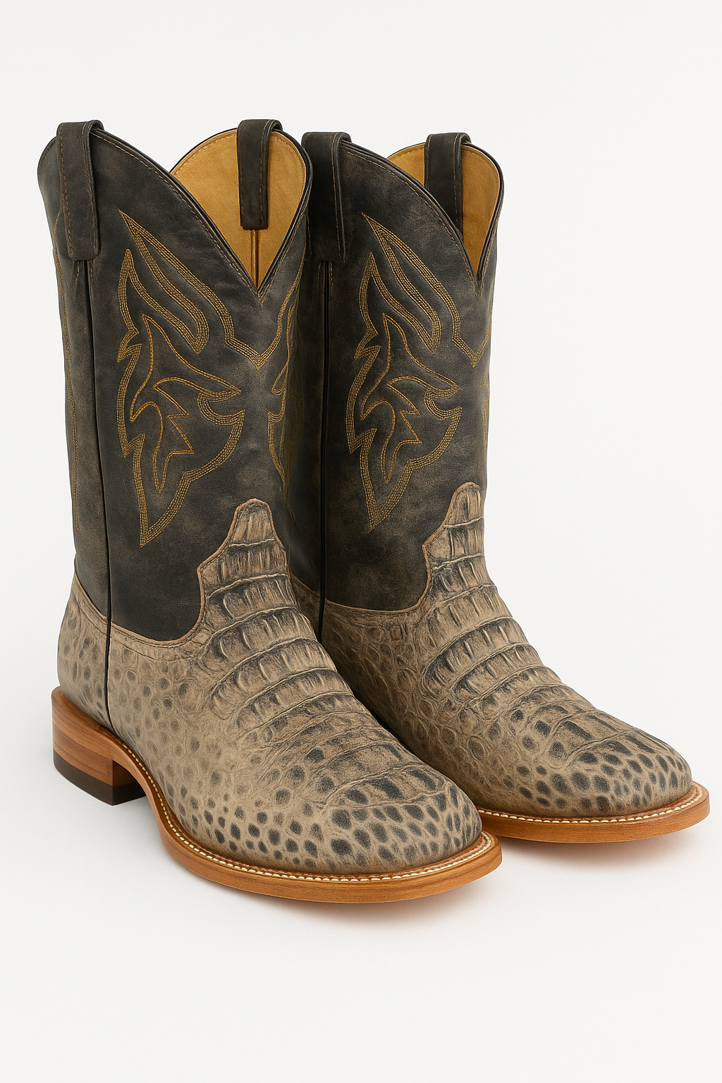 Distressed black western Boots with Crocodile Texture Vamp
