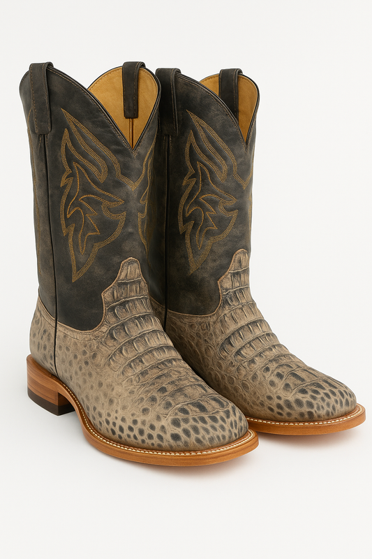 Distressed black western Boots with Crocodile Texture Vamp