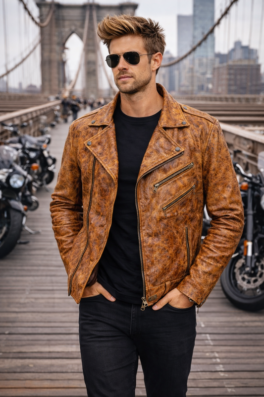 Men's Hand-Treated Distressed Leather Biker Jacket front view — Wichita KS