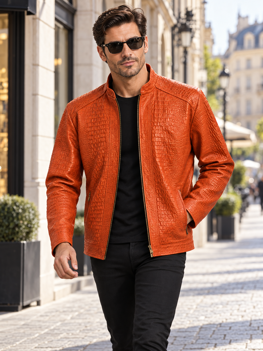 Men's Crocodile-Embossed Zip-Up Jacket in Sunset Orange