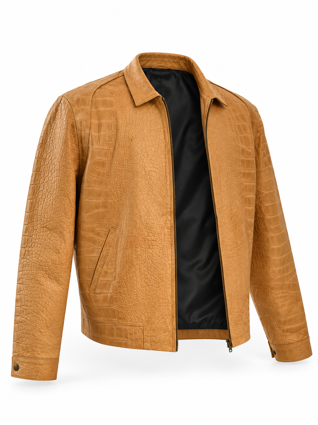 Sand Crocodile-Embossed Leather Jacket – Bold Texture, Refined Style