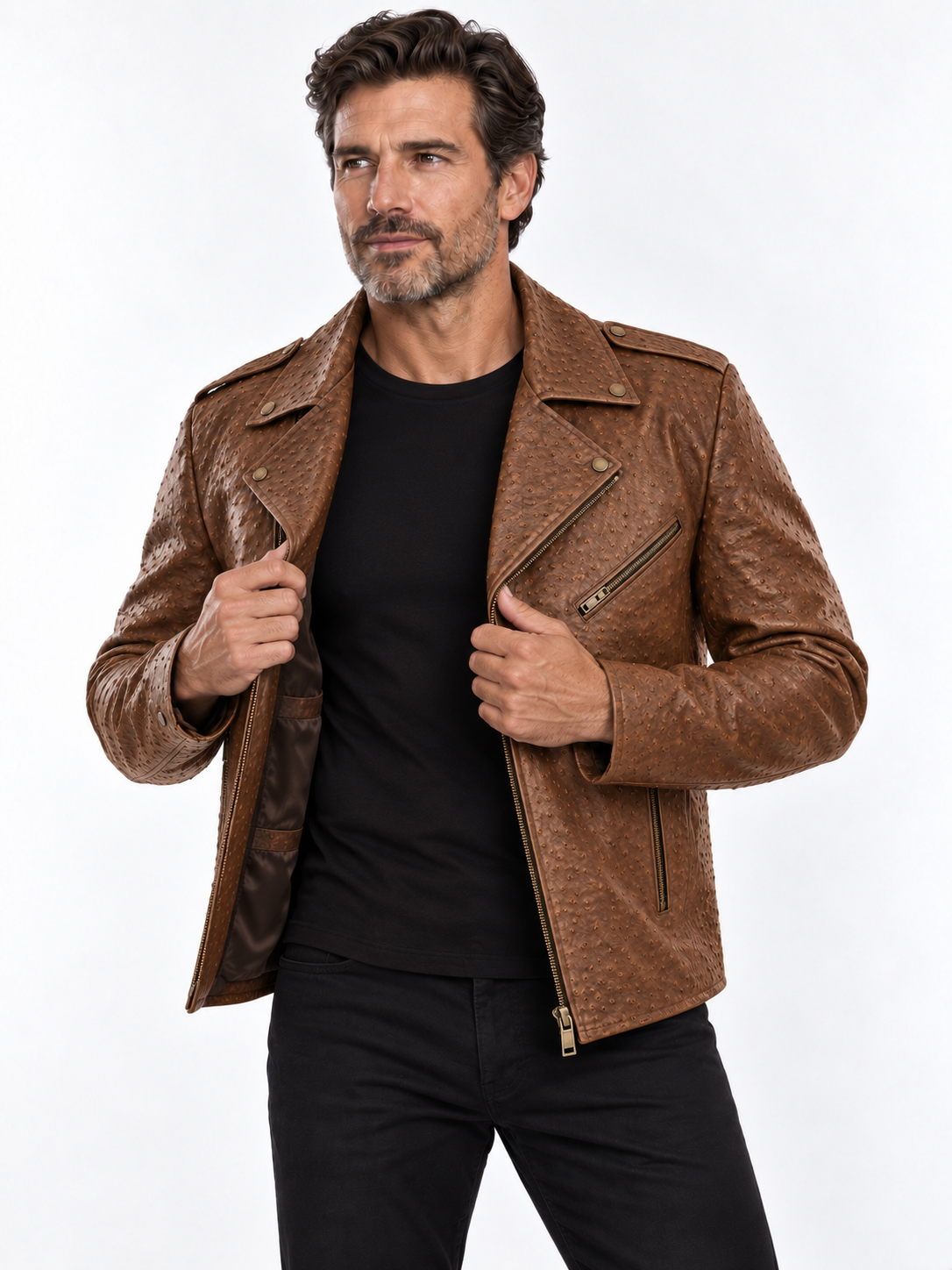Men's Cognac Ostrich-Textured Leather Moto Jacket