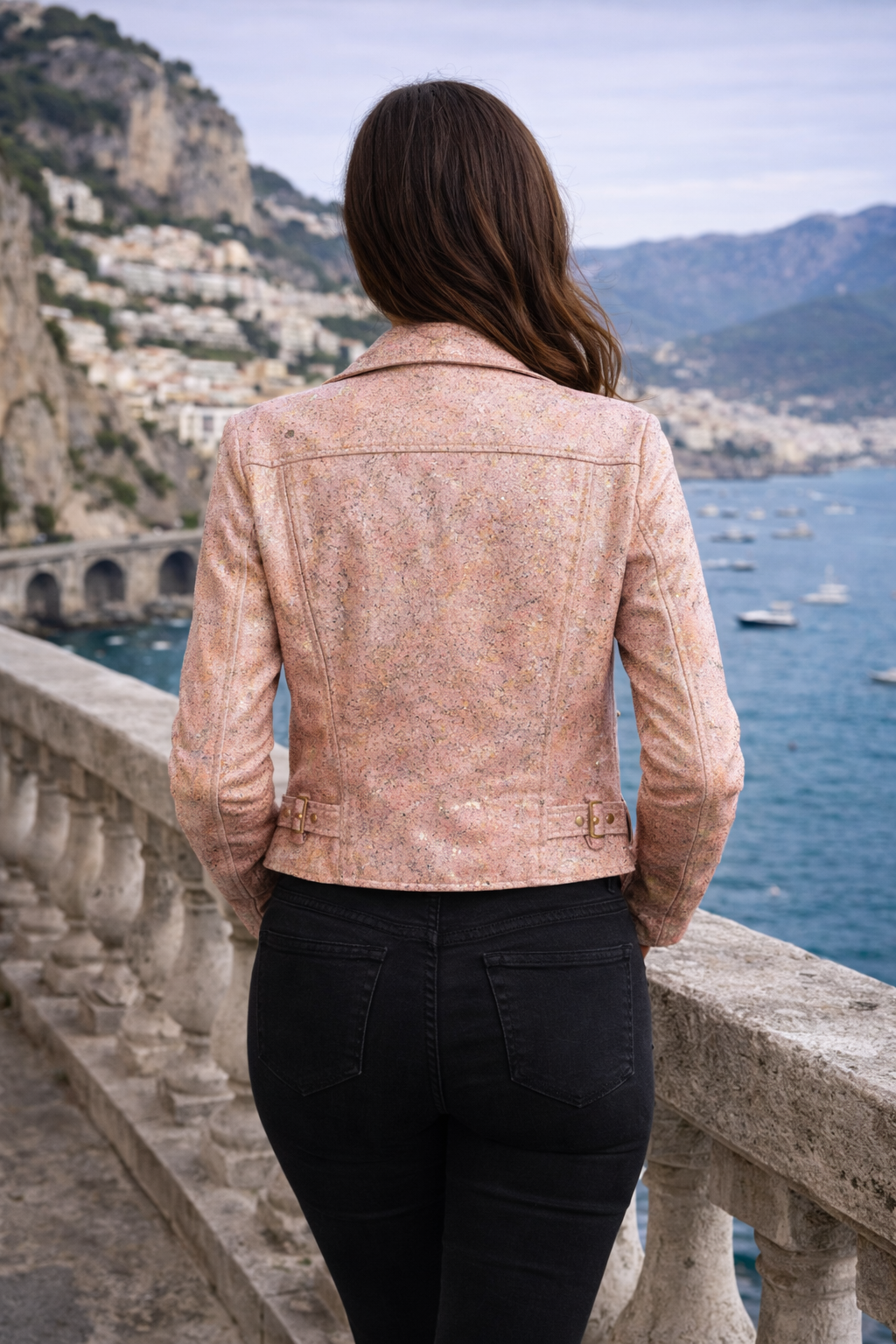 Women's Light Rose Biker Jacket with Modern Edge – Hand-Decorated Leather