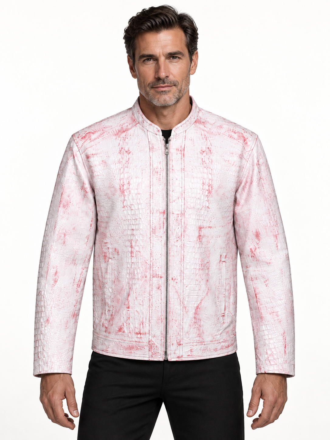 Men's Modern Artisan Crocodile-Embossed Leather Jacket – Blush White