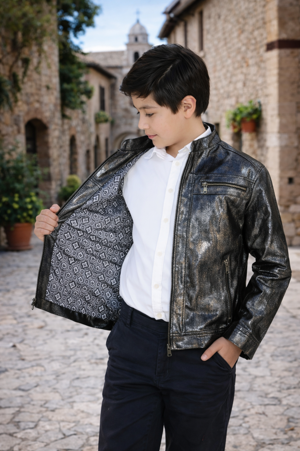 Kids Metallic Coated Leather Jacket – Black & Bronze Moto Style