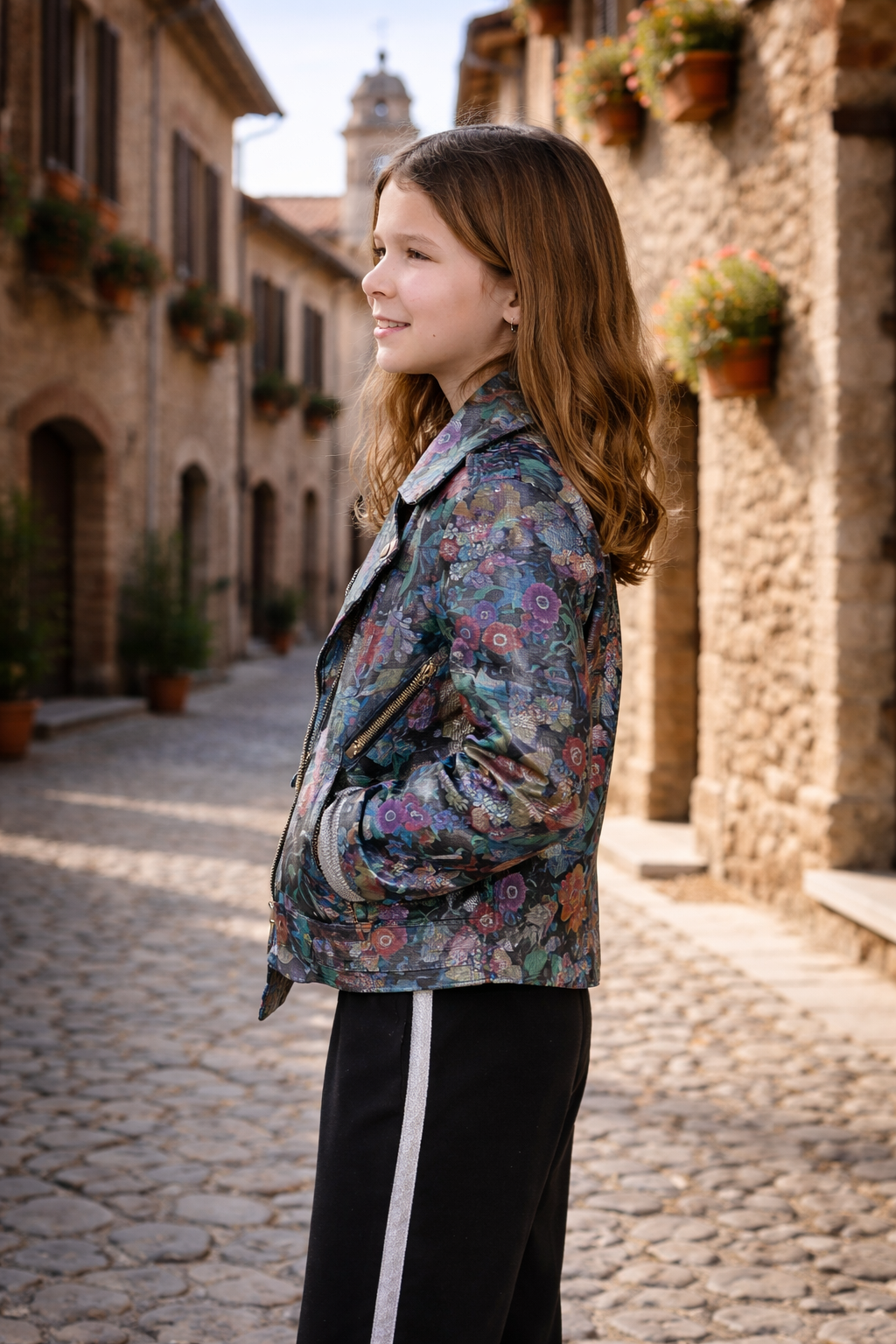 Shiny Floral Print Leather Jacket for Kids – Glossy Botanical
