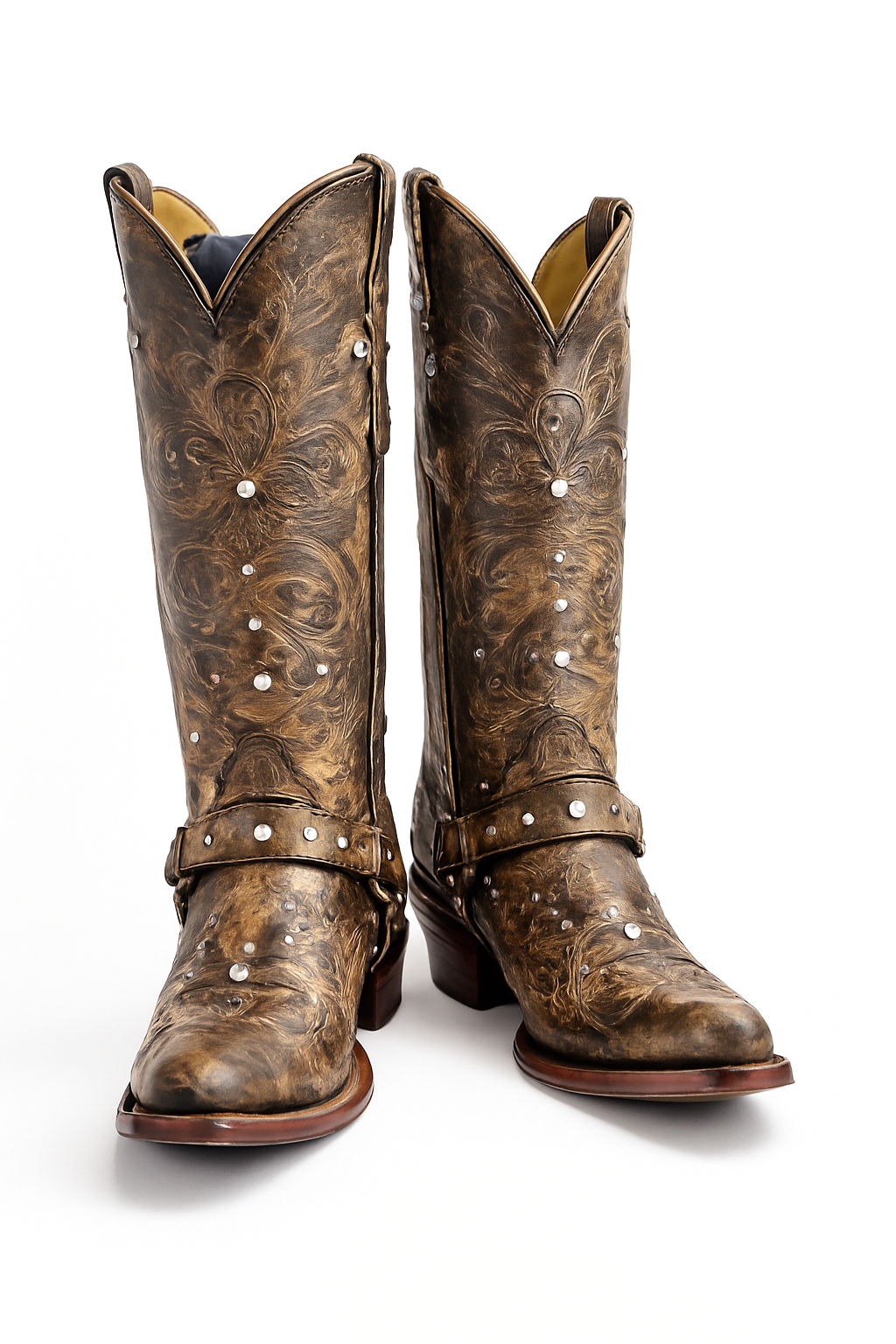 Distressed Western Leather Boots with Studs & Embroidery