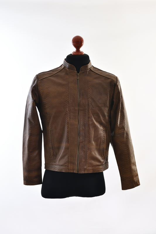 Classic Brown Python-Textured Leather Jacket – Refined Exotic Embossing