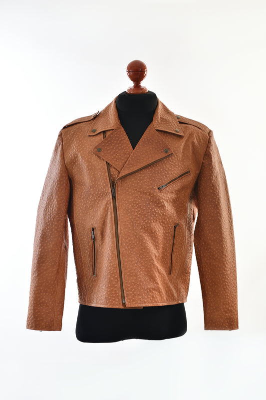Cognac Ostrich-Textured Leather Moto Jacket