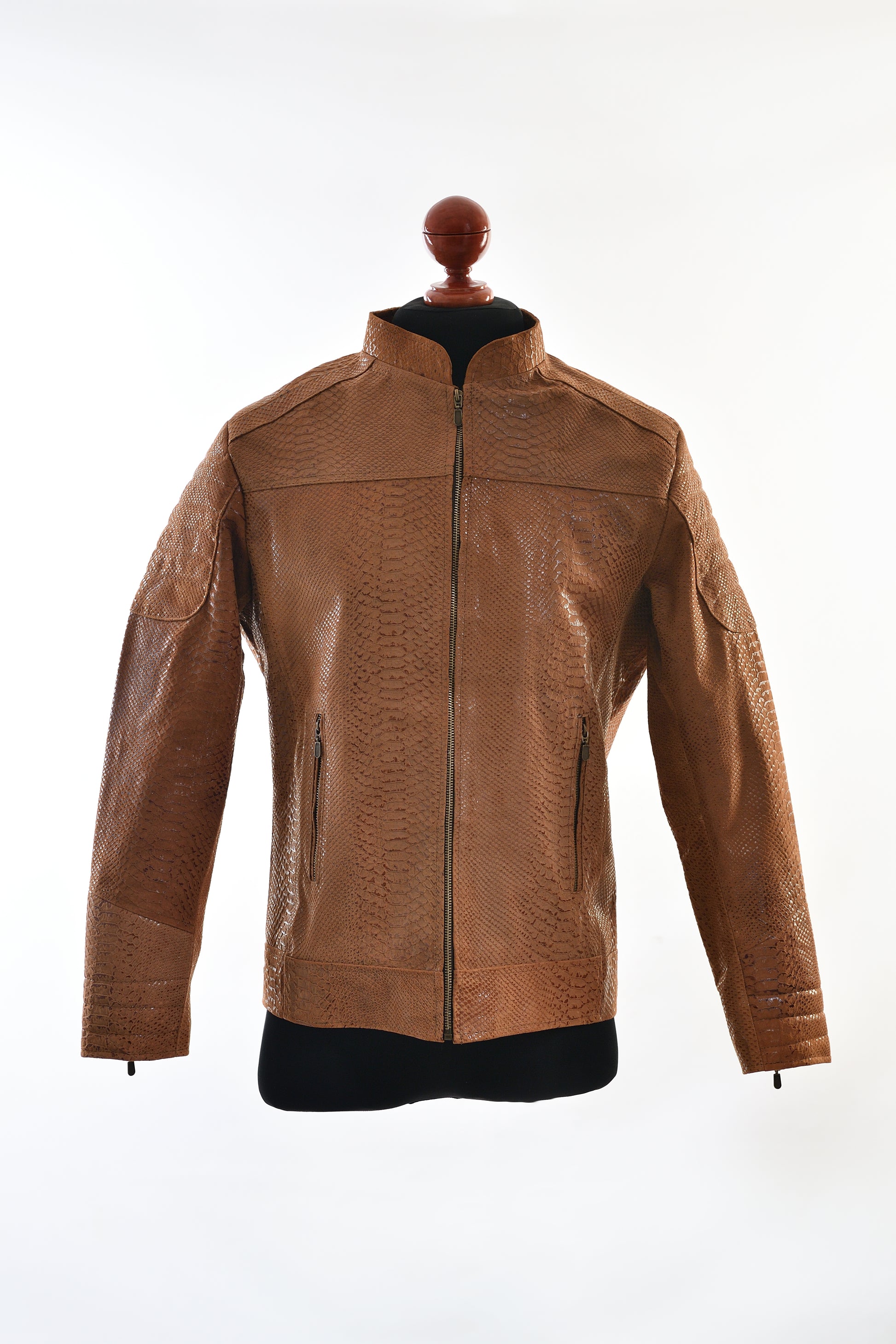 Cognac Reptile Print Leather Jacket – Sleek Python-Embossed Texture