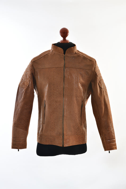 Cognac Reptile Print Leather Jacket – Sleek Python-Embossed Texture