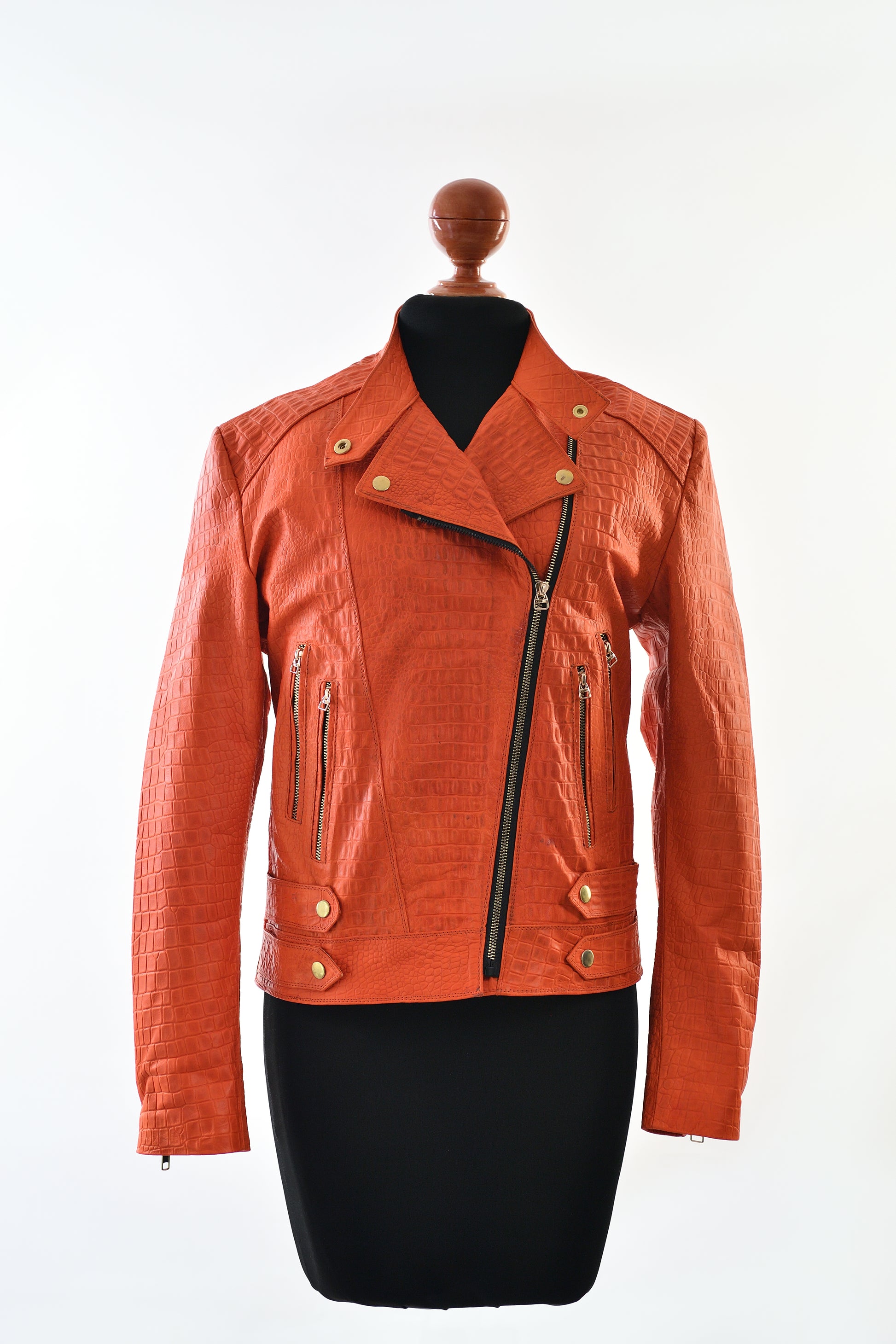 Crocodile-Embossed Leather Jacket in Burnt Orange