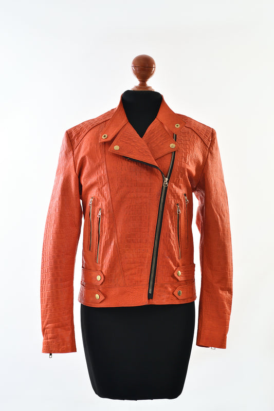 Crocodile-Embossed Leather Jacket in Burnt Orange