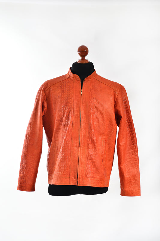 Crocodile-Embossed Zip-Up Jacket in Sunset Orange